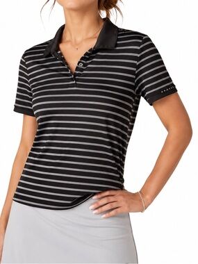 Oakley Performance Fit Polo Top Golf Tennis SS Shirt Collar Striped Grey Black M